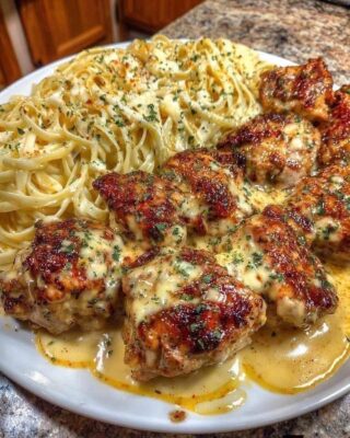 Lemon Garlic Butter Chicken Bites with Savory Parmesan Linguine