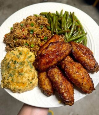 BBQ Chicken Platter with Mac and Cheese and Collard Greens