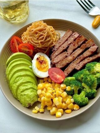 Healthy Glazed Beef & Noodle Power Bowl with Avocado & Soft-Boiled Egg