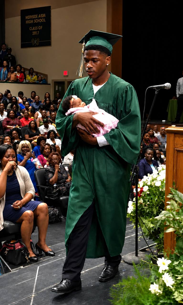 They laughed when my son stepped onto the graduation stage with a newborn in his arms. Someone behind me even whispered, “Just like his mother…” But what he said next made the entire room fall completely silent.